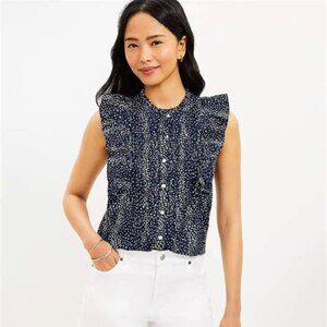 Loft Navy Star Print Ruffle Bib Button Front Cotton Sleeveless Top